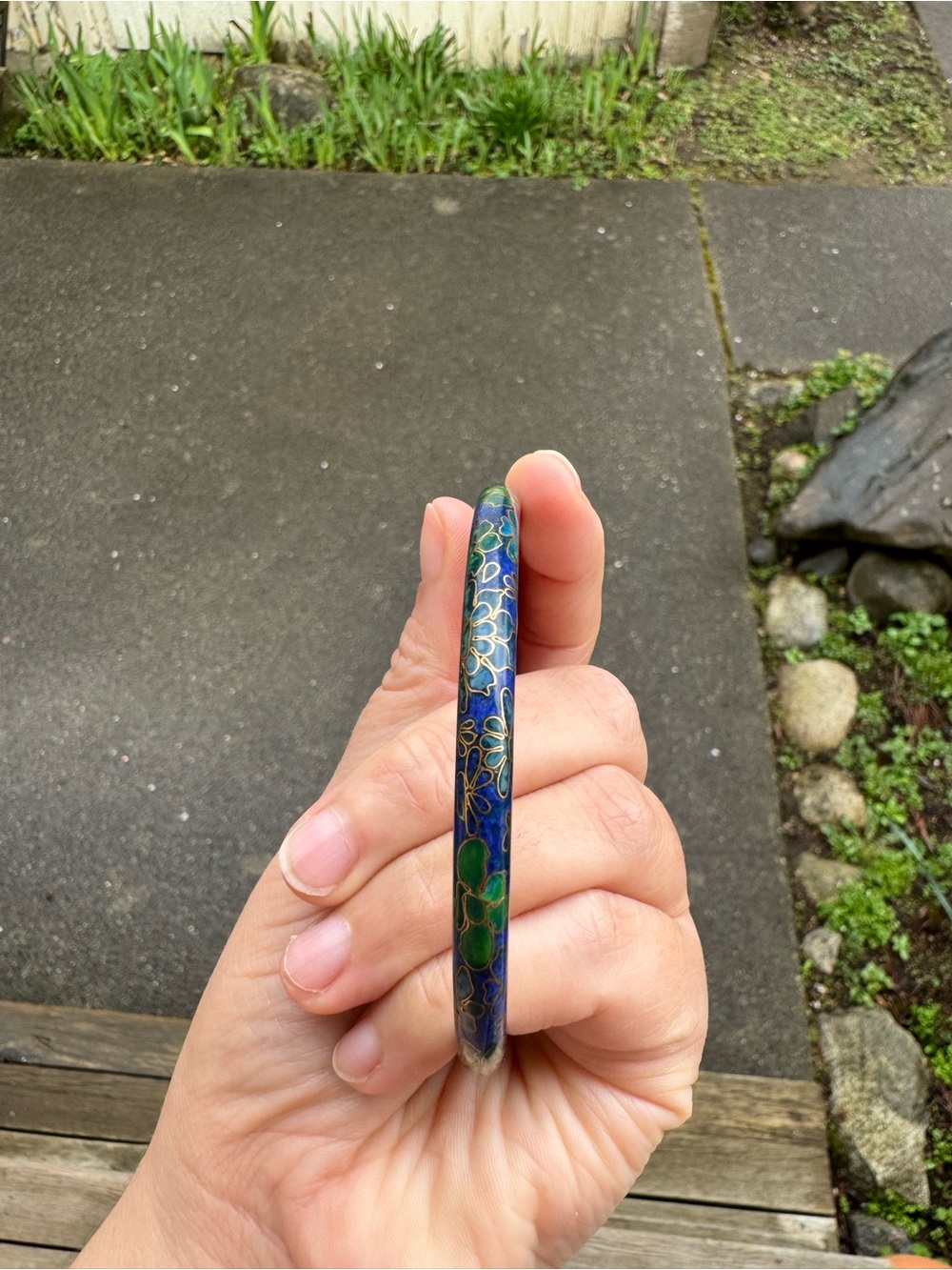 Vintage Blue & Green Floral Cloisonné Enamel Bangle Bracelet - Picture 5 of 6